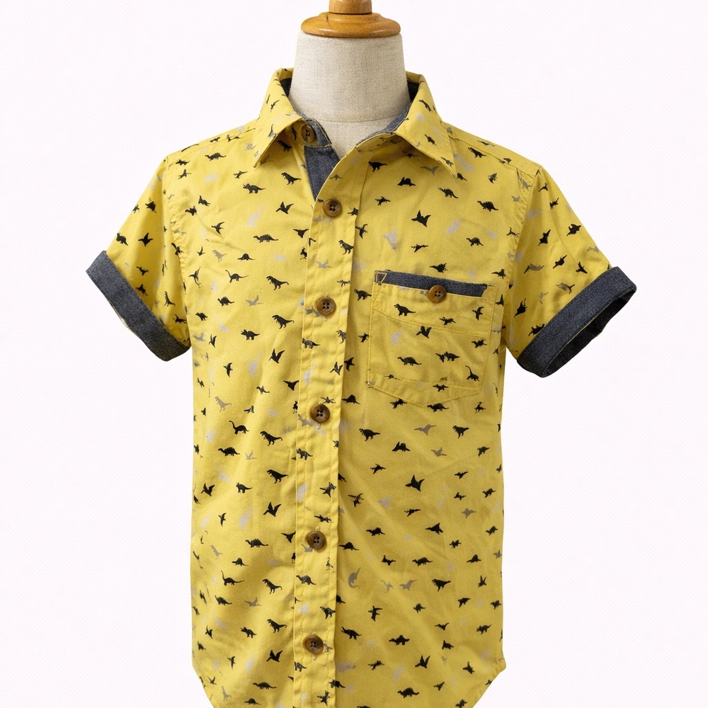 Stortion Boys Dinosaur Button-Down Shirt | Size 4T | Yellow Short Sleeve